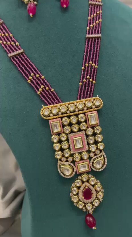 Royal Square Kundan Necklace Set with Maroon Beads